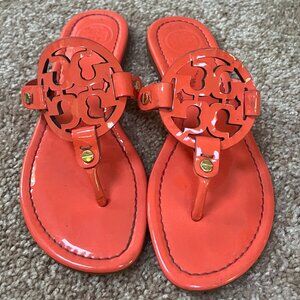Tory Burch Miller Patent Leather Logo Orange Flat Sandals Womens